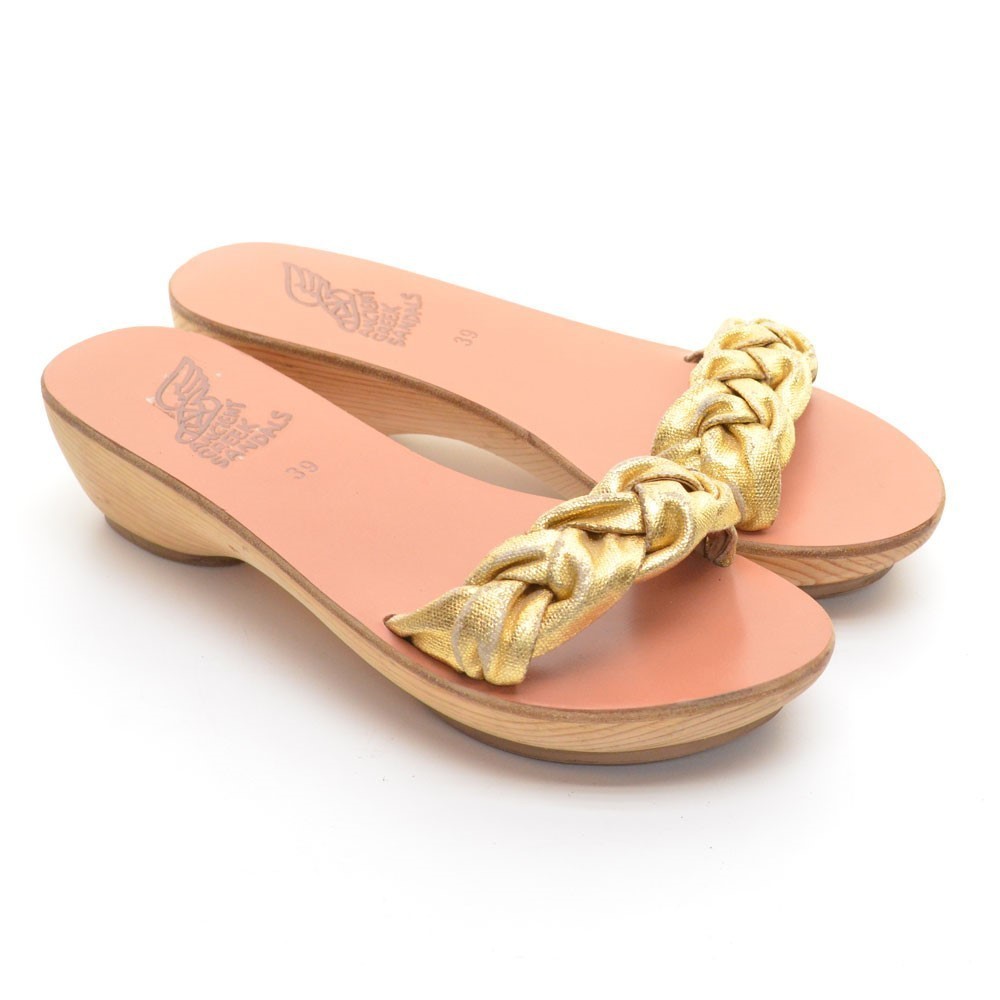 Ancient Greek Sandals Gold Braided Wooden Slides 39